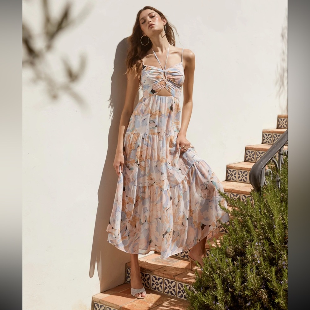 Astr X Free People BRANDY FLORAL CINCHED FRONT CUTOUT MAXI DRESS